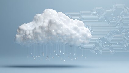Leinwandbilder - Fluffy White Cloud With Dripping Raindrops and Circuit Board Background, Symbolizing Cloud Computing and Digital Transformation in Technology : Generative AI