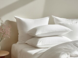 Poster - White Pillows Stacked on Bed With Flowers, Representing Comfort and Restful Sleep Promoting Wellness and Relaxation in Home Decor : Generative AI