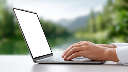 Leinwandbilder - Person Typing on Laptop with Blank Screen Against Greenery, Illustrating Remote Work and Digital Communication, Ideal for Telecommuting and Online Learning : Generative AI