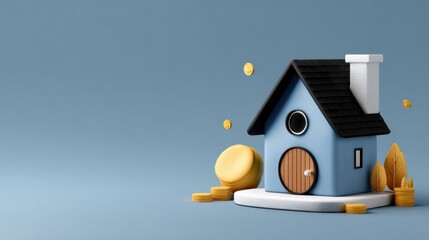 Aufkleber - Cartoon House with Coins on Blue Background, Symbolizing Real Estate Investment and Financial Security for Future Planning and Retirement Savings : Generative AI