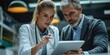 © OlenaSpark - Two professionals discussing information on a tablet in an office setting.