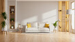 © Vanitjan - Minimalist living room with white sofa and yellow pillows- 3D rendering