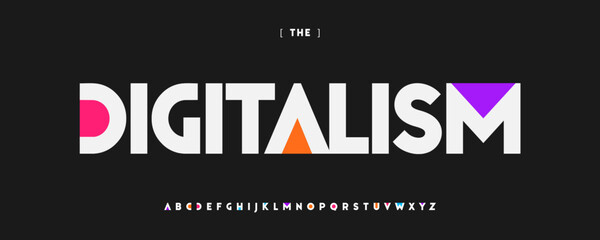 Poster - Bold Digital Font, Colorful Alphabet With Geometric Shapes and Vibrant Colors. Typeface for Tech Logo, Creative Poster Headline, Modern Branding, Eye-Catching Typographic Design. Vector Typeset