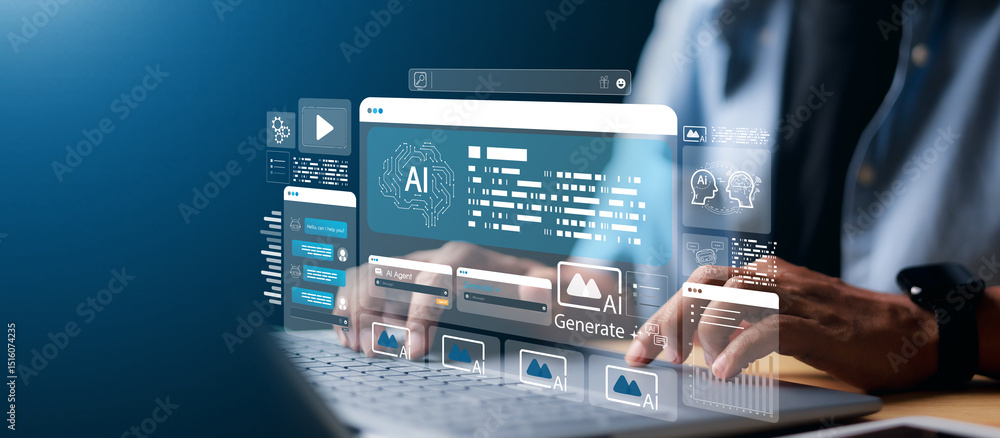 AI agent interface featuring holographic digital elements, icons, and ...