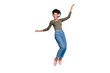 © deagreez - Full body photo of cheerful funny mulatto girl have free time listen music on her headset dance sing enjoy wear stylish green pullover denim jeans sneakers isolated over blue color background