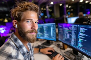 young man coding at a modern workspace with multiple computer screens in the evening