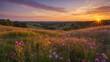 © Asawin - A vibrant sunset casting a warm glow over a blooming wildflower meadow, with gentle hills in the distance. The sky is painted with soft hues and the sun, as it descends, touches the horizon.