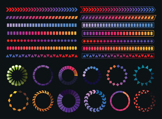 Loading process and status bar icons, HUD interface. Vector Sci Fi digital futuristic elements for dashboard, technology style neon glowing ui navigation for game menu design or web site data load
