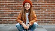 © PaulShlykov - Smiling young girl with long hair wearing a red beanie and casual outfit sitting outdoors against a brick wall