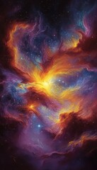 Wall Mural - fiery nebula and sparkling stars in the cosmos, a vibrant space scene of deep blues and golds