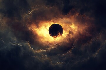 a dark celestial sphere glows amidst swirling golden clouds in a cosmic spectacle