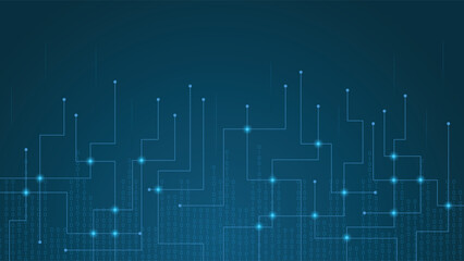 Wall Mural - futuristic blue tech background with abstract digital circuits and flowing binary code for modern te