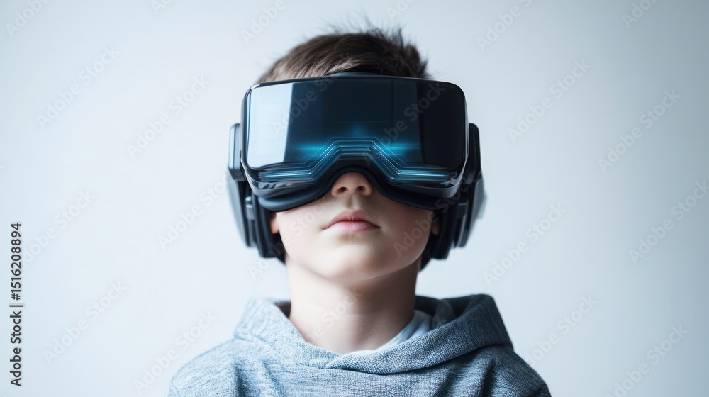 Boy experiencing immersive digital reality with futuristic virtual ...