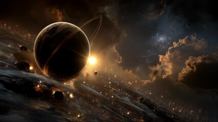 Dramatic planetary view featuring ringed planet, glowing celestial landscape, cloudy sky with stars, and moon, creating a moody and otherworldly scene.