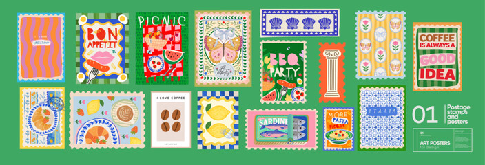 italian and french summer mediterranean postage stamps. vector illustration of coffee, picnic, canne
