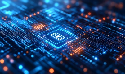 Cybersecurity Digital Lock Circuit Board Abstract Technology Background Blue Orange web data code safe future system    