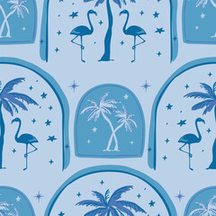 Wall Mural - Seamless pattern of palm tree with flamingos, Romantic tropical starry night.