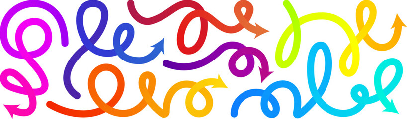 Arrow gradation, squiggly gradient vector line set. Curved carnival change icon. Rise pattern, doodle shape brush element. 3d dynamic multi colored curly loop spiral strokes. Abstract twirl bold paint