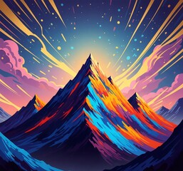 Wall Mural - The picture is an artistic illustration of mountains with a colorful sky. The mountains are depicted with strokes of blue, orange, and yellow, giving a dynamic and modern impression.