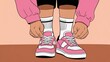 © hobonski - An engaging illustration captures a person's hands meticulously tying the shoelaces on a pair of stylish pink and white sneakers, highlighting preparation and fashion.