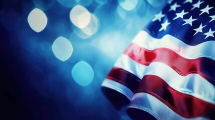 Wall Mural - a close-up view of the american flag with colorful lights in the background, great for patriotic eve