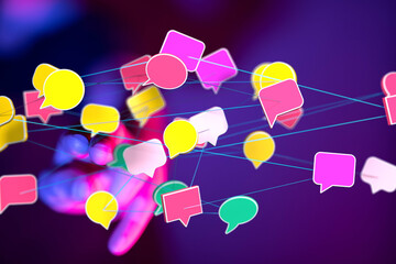 Aufkleber - Abstract image of colorful speech bubbles connected by lines, symbolizing global communication and networking.