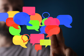 Fototapete - Abstract image of colorful speech bubbles, representing communication, social media, and online interaction.