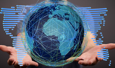 Poster - Abstract image of a person holding a digital globe, representing global connectivity and networking.