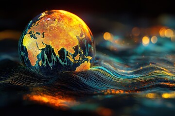 Wall Mural - ** vibrant digital globe with illuminated continents and abstract data patterns on dark background..