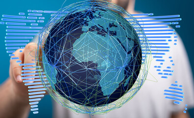 Fototapete - Stock photo of a hand interacting with a digital globe, visualizing global network connections and data flow.