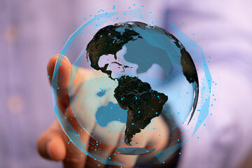 Fototapete - Person interacts with a digital globe, showcasing global connectivity and networking.