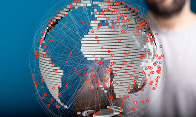 Fototapete - Image depicts a 3D model of Earth with interconnected nodes, visualizing global networks and data flow.