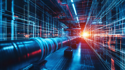 Wall Mural - a long pipe with a red and blue light shining on it. the light is in the middle of the pipe, creatin