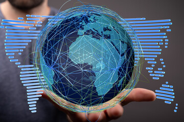 Fototapete - Image of a hand holding a digital globe, illustrating global connectivity and networking.