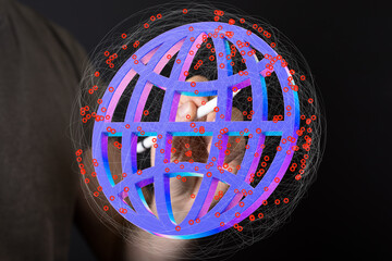 Poster - Hand interacts with a 3D global network, symbolizing connection and communication.