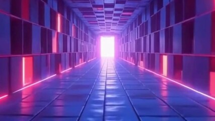 Dynamic camera zoom through infinite 3D tunnel of glowing cubes