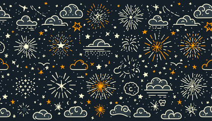 seamless pattern with fireworks, cloud and stars in hand drawn doodle design