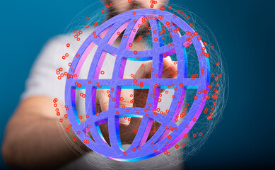 Poster - Person interacts with a digital globe, symbolizing global networking and data connections.