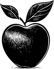 Aufkleber - Black and white woodcut style apple with leaves, artistic illustration. Vector illustration