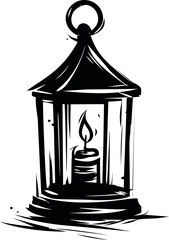 Poster - Black and white illustration of an old lantern with a candle inside. Vector illustration