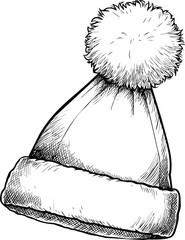 Aufkleber - Illustration of a winter beanie with a pom-pom, detailed line art drawing. Vector illustration