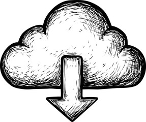 Aufkleber - Hand-drawn cloud with downward arrow symbolizing data download sketch. Vector illustration