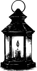 Poster - Vintage lantern with a lit candle in black and white illustration. Vector illustration