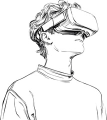 Aufkleber - Sketch of a person wearing a vr headset looking upward in black and white. Vector illustration
