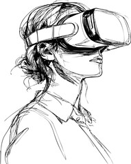 Poster - Line art of a woman wearing virtual reality headset, digital sketch style. Vector illustration