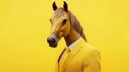 Poster - Horse head in a yellow suit against a yellow background, surreal concept