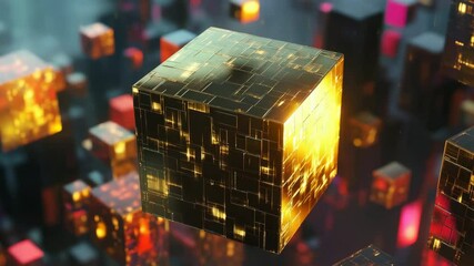 Leinwandbilder - Golden metallic cubes floating in digital space with vibrant reflections
