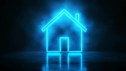 Aufkleber - Neon blue outline of house glowing in dark misty environment, digital art
