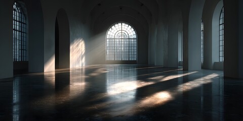 Wall Mural - Sunlight streams via large arched window in empty modern gallery, casting long shadows on polished concrete. White walls, minimalist. Focus on light and shadow.
