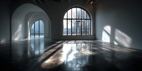Wall Mural - Sunlight streams via large arched window in empty modern gallery, casting long shadows on polished concrete. White walls, minimalist. Focus on light and shadow.